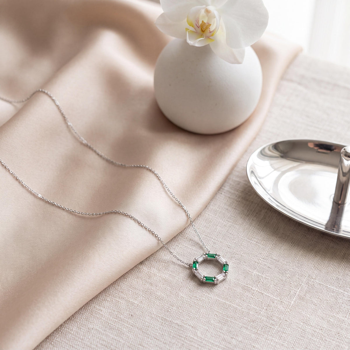 Baguette Emerald & Diamond Octagon Dainty 14K Solid Gold Pendant Necklace