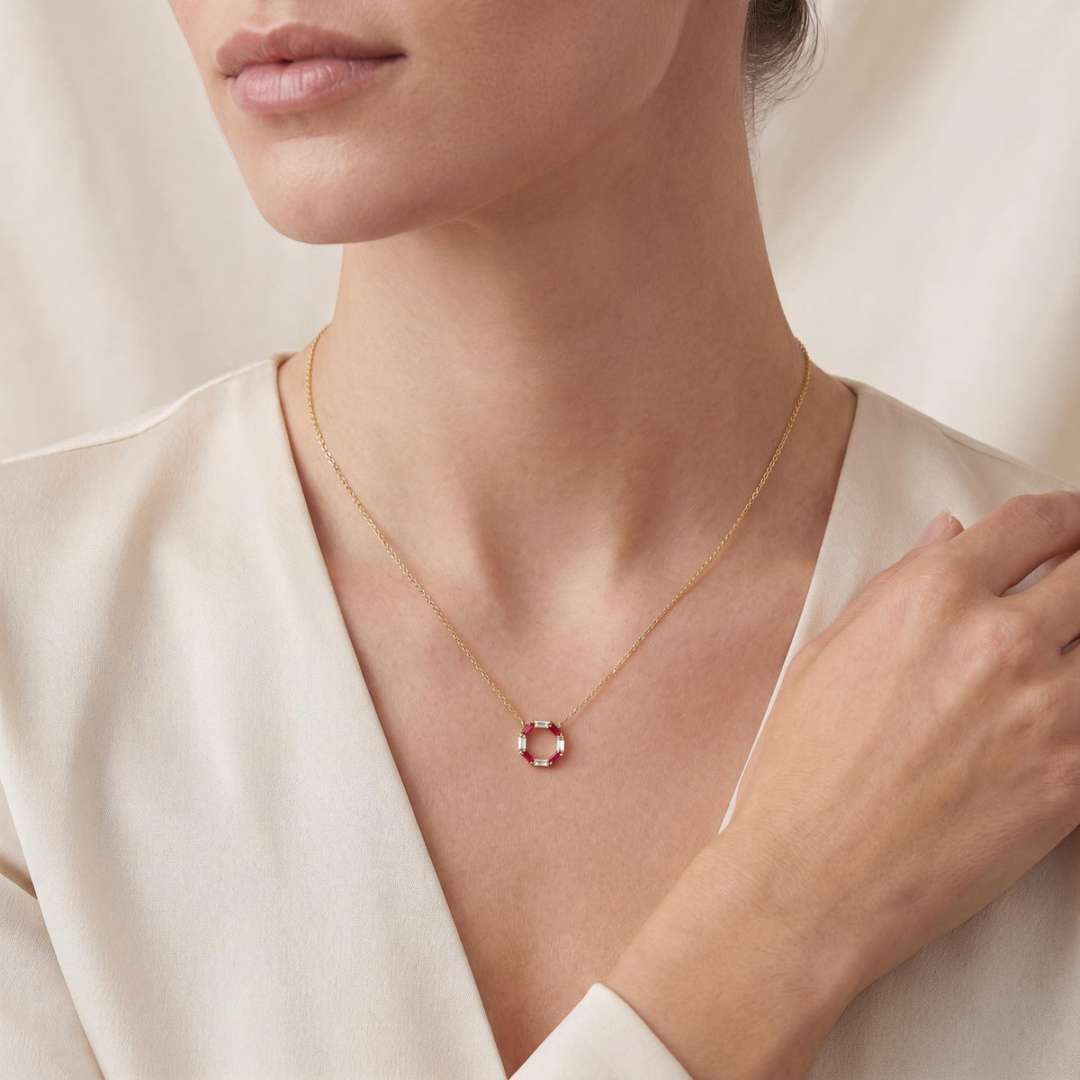 Baguette Ruby & Diamond Octagon Dainty 14K Solid Gold Pendant Necklace