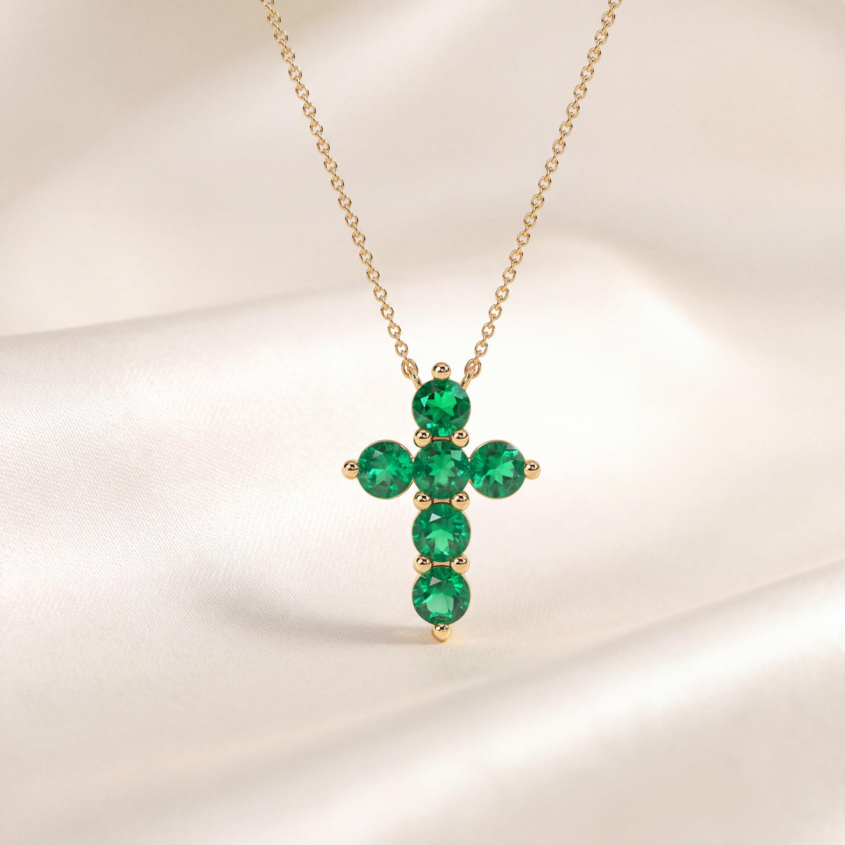 Round Emerald Dainty Prong Set Cross 14K Solid Gold Pendant Necklace