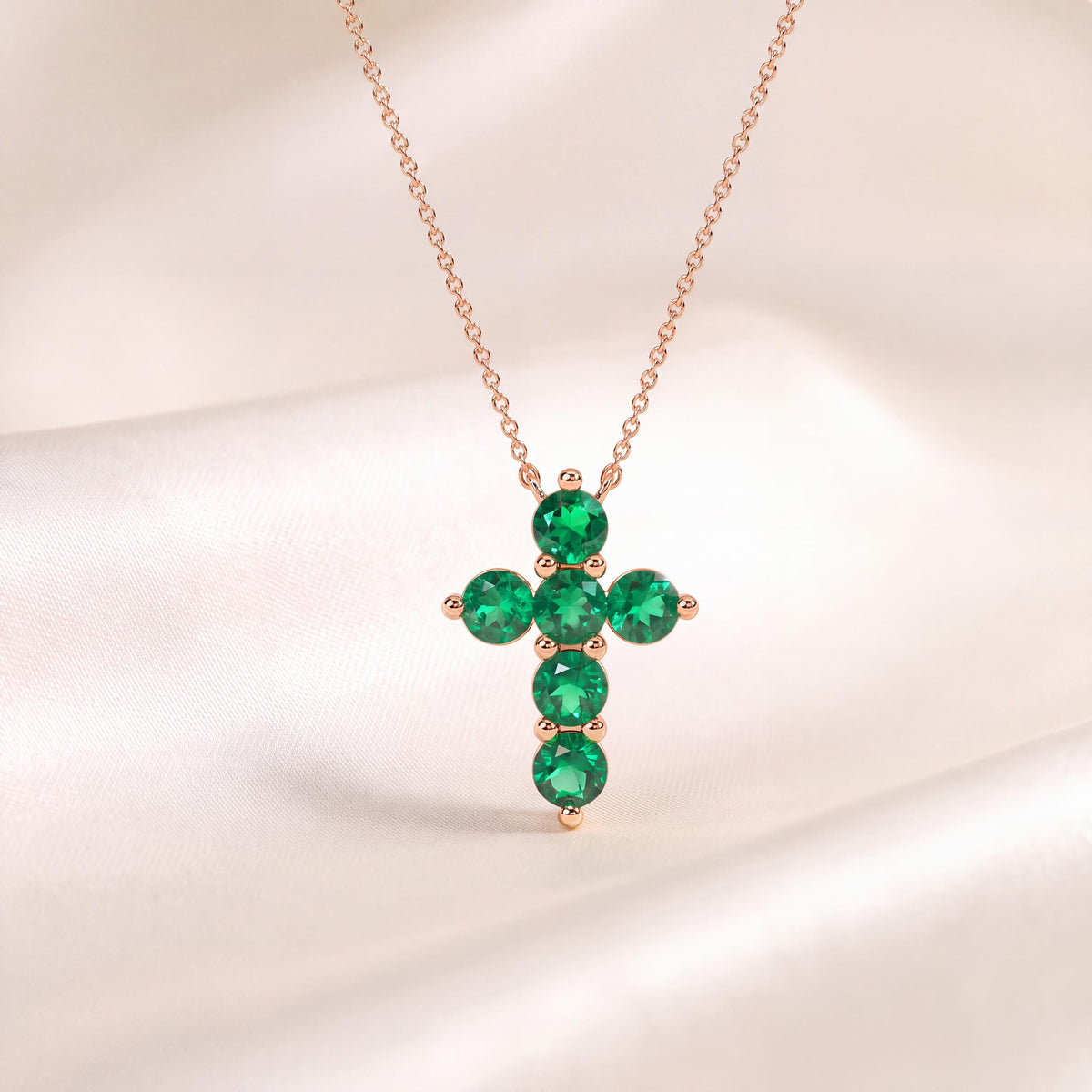 Round Emerald Dainty Prong Set Cross 14K Solid Gold Pendant Necklace