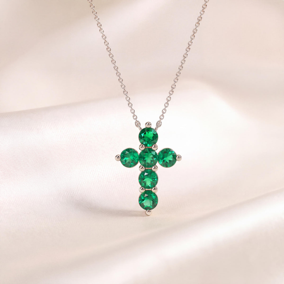 Round Emerald Dainty Prong Set Cross 14K Solid Gold Pendant Necklace