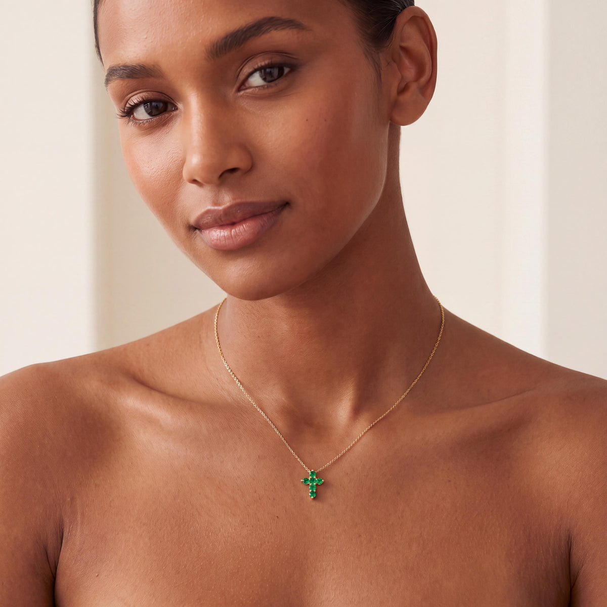 Round Emerald Dainty Prong Set Cross 14K Solid Gold Pendant Necklace