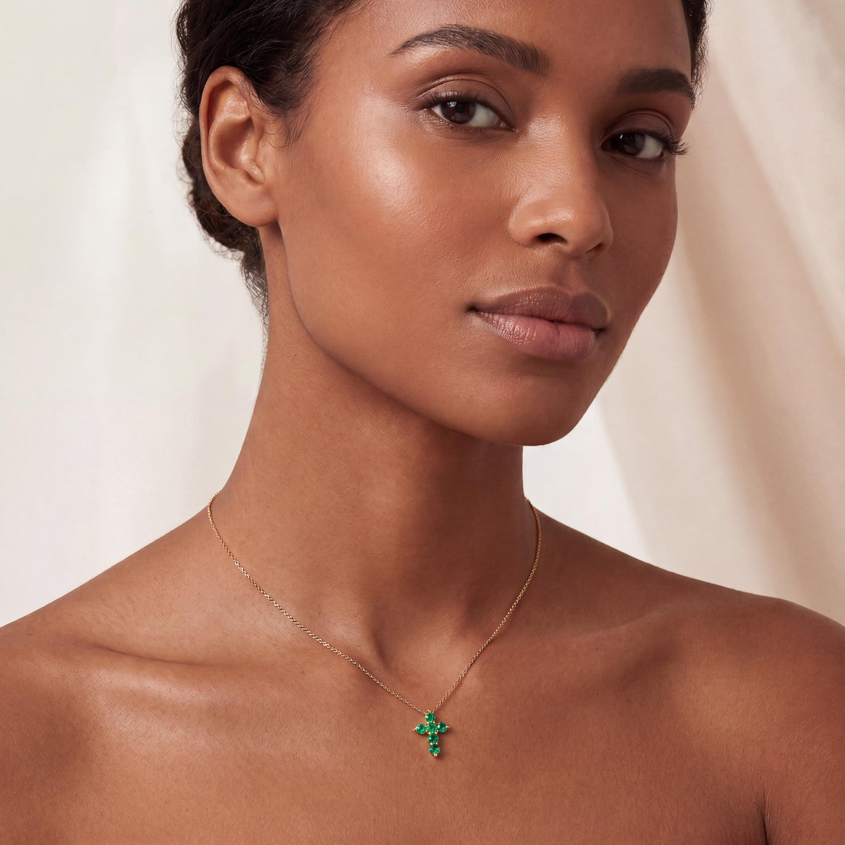 Round Emerald Dainty Prong Set Cross 14K Solid Gold Pendant Necklace