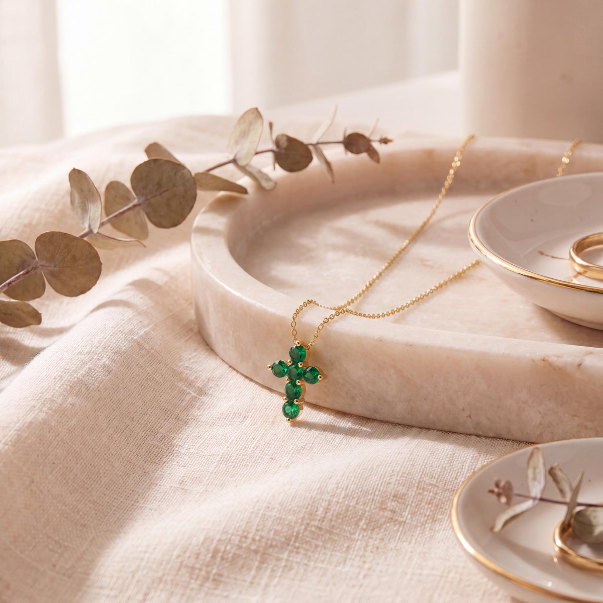 Round Emerald Dainty Prong Set Cross 14K Solid Gold Pendant Necklace