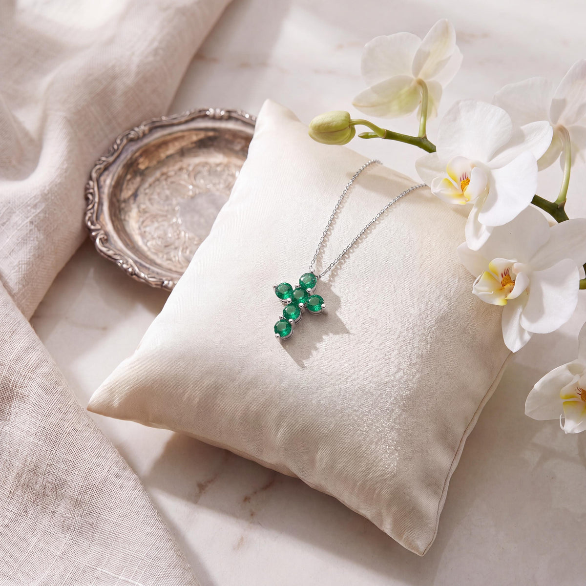 Round Emerald Dainty Prong Set Cross 14K Solid Gold Pendant Necklace