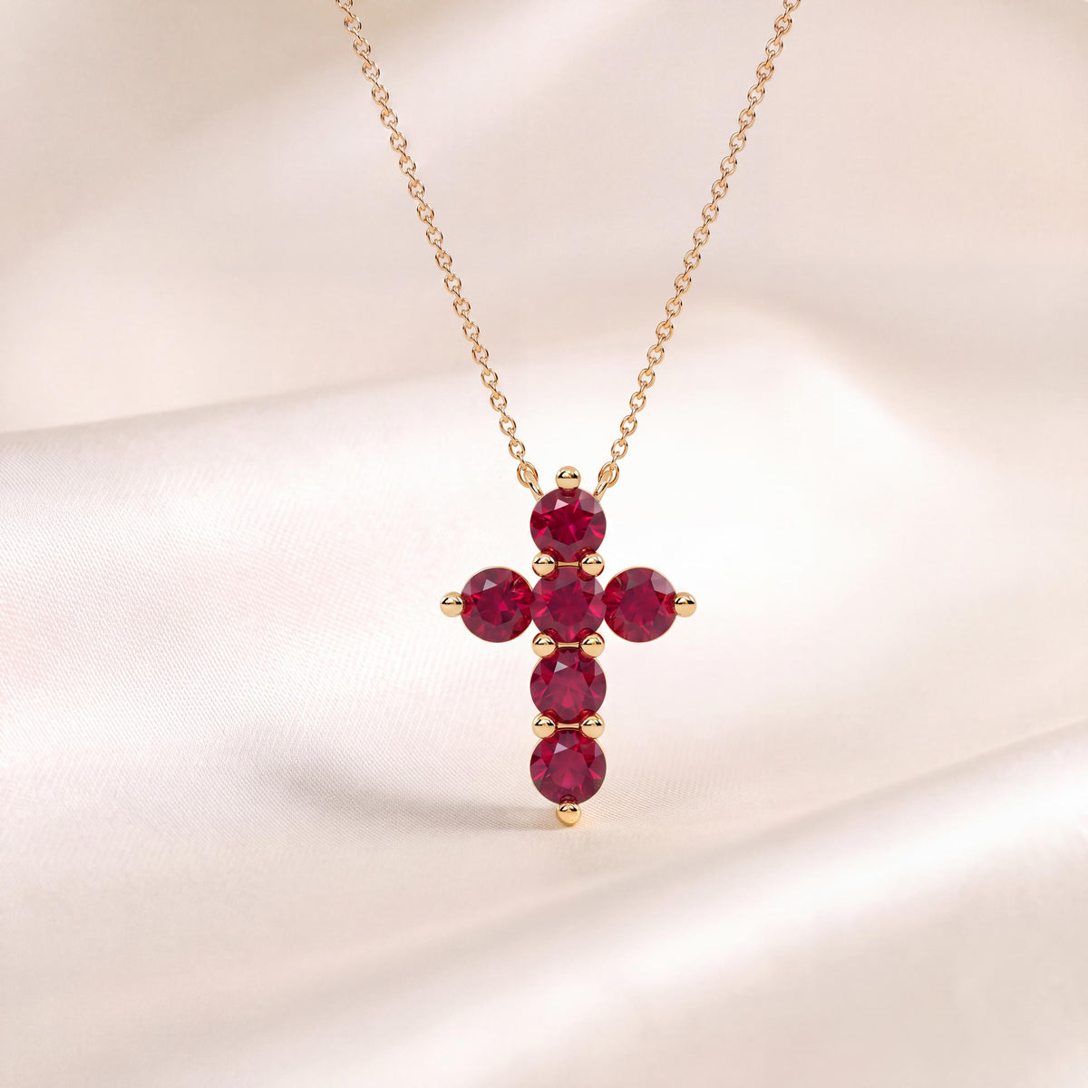 Round Ruby Dainty Prong Set Cross 14K Solid Gold Pendant Necklace