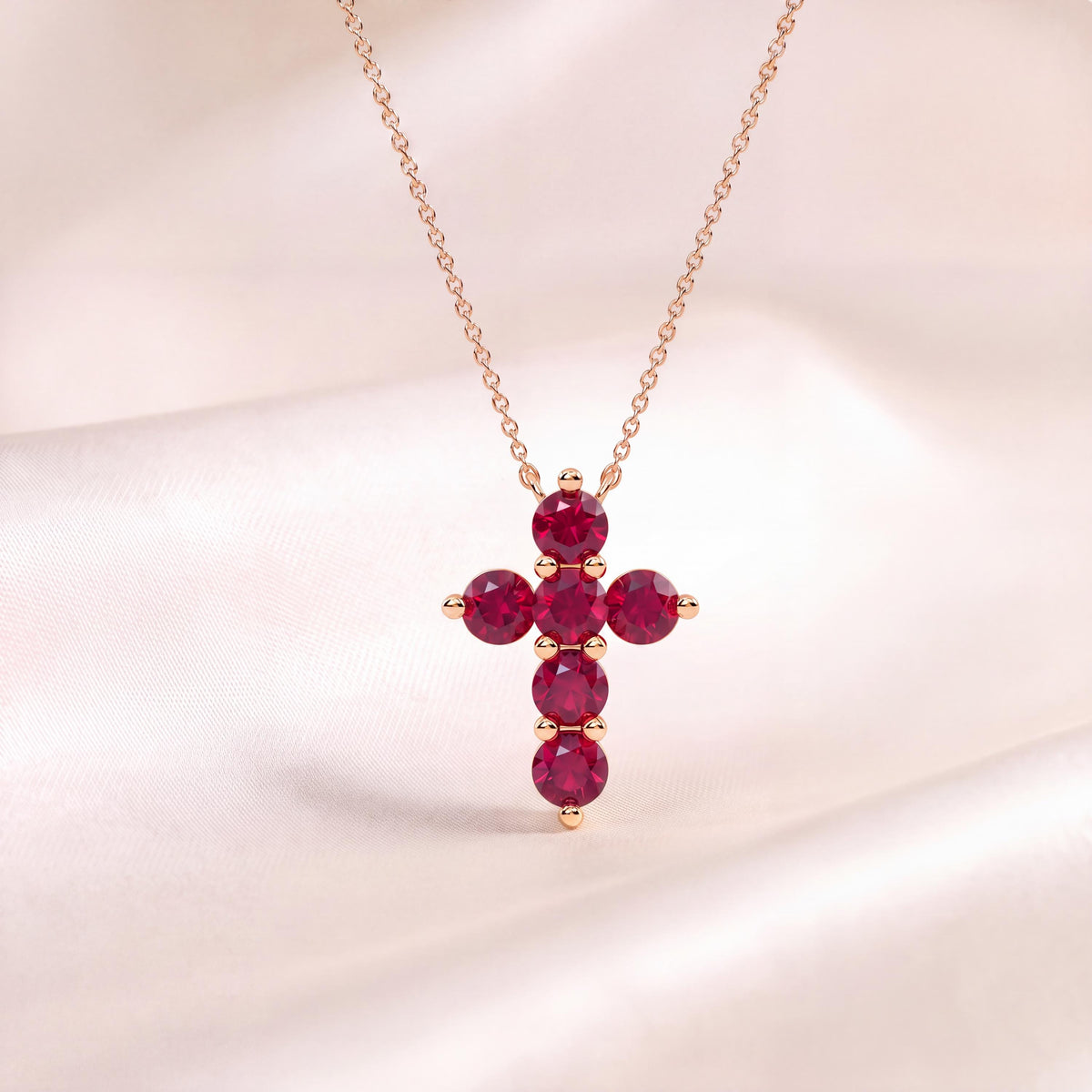 Round Ruby Dainty Prong Set Cross 14K Solid Gold Pendant Necklace