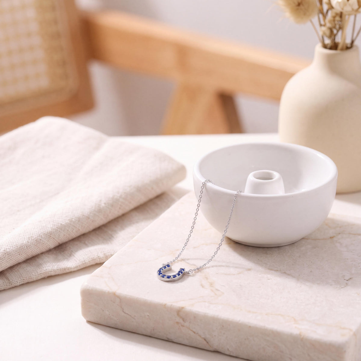 Round Sapphire Pave 14K Dainty Solid Gold Horseshoe Pendant Necklace