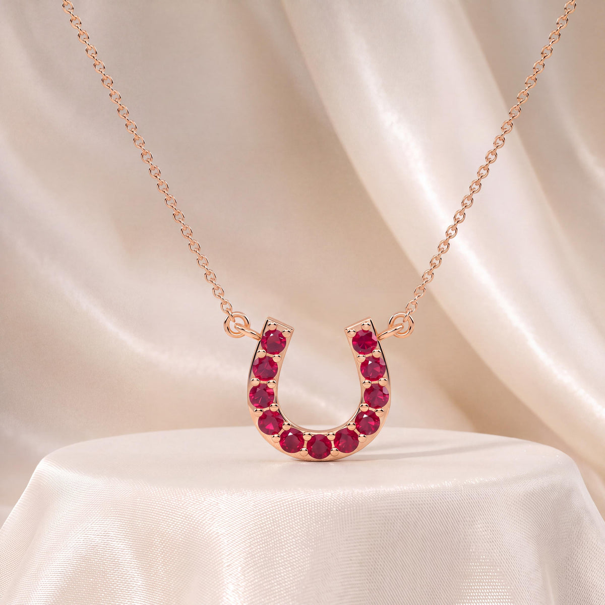 Round Ruby Pave 14K Dainty Solid Gold Horseshoe Pendant Necklace