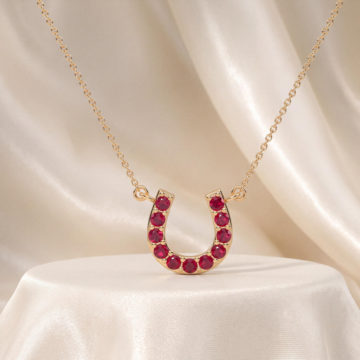 Round Ruby Pave 14K Dainty Solid Gold Horseshoe Pendant Necklace