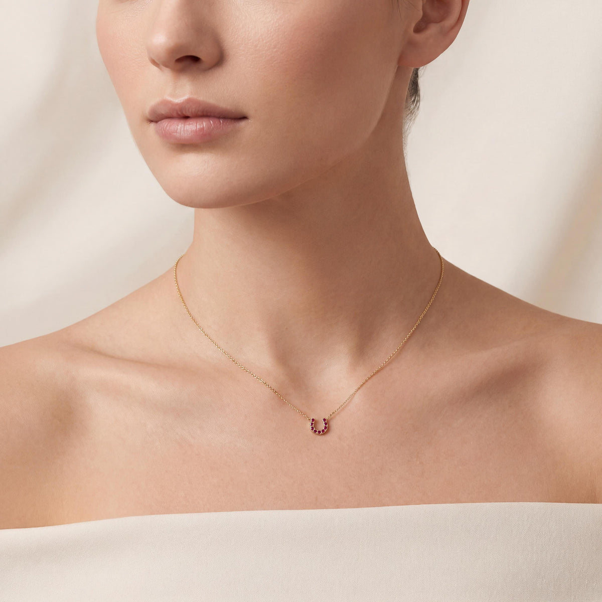 Round Ruby Pave 14K Dainty Solid Gold Horseshoe Pendant Necklace