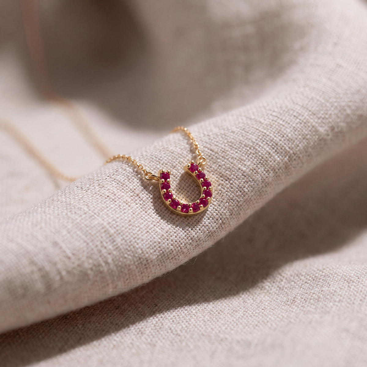Round Ruby Pave 14K Dainty Solid Gold Horseshoe Pendant Necklace