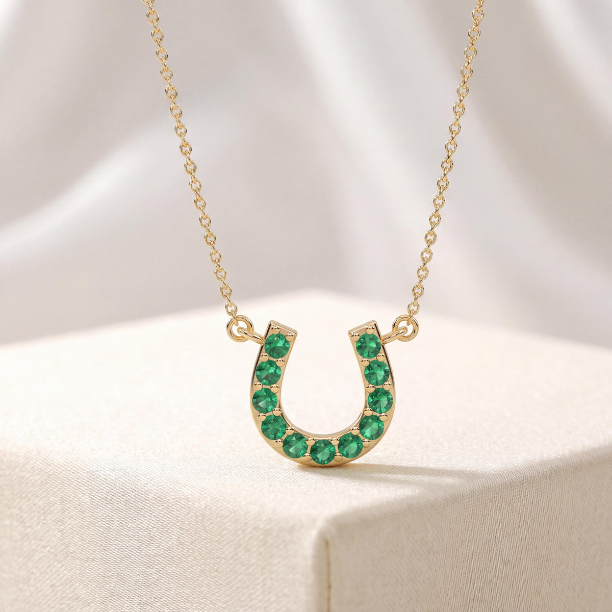 Round Emerald Pave 14K Dainty Solid Gold Horseshoe Pendant Necklace