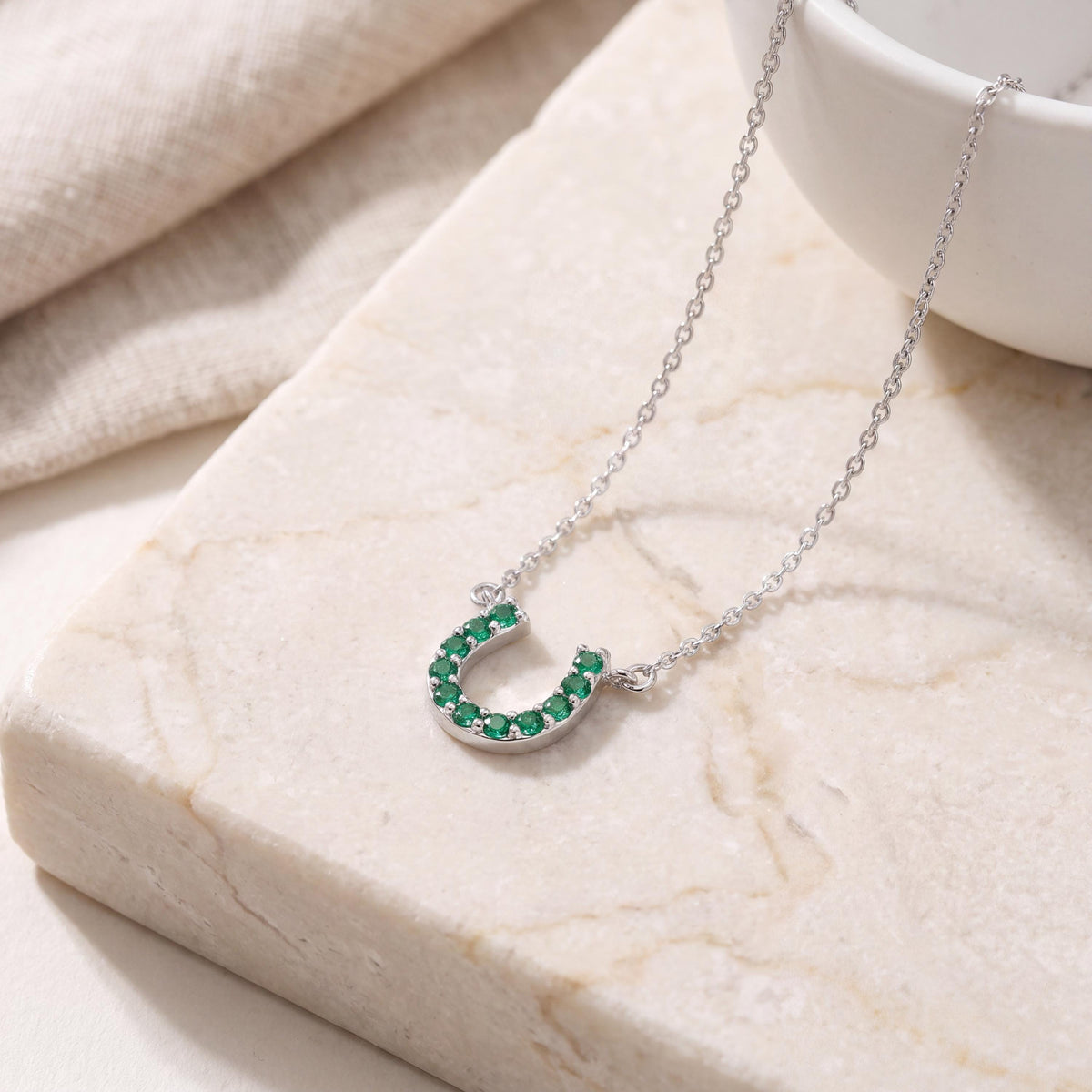 Round Emerald Pave 14K Dainty Solid Gold Horseshoe Pendant Necklace