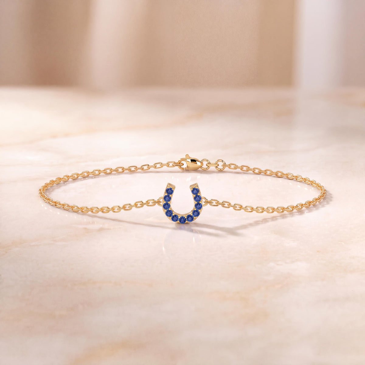 Round Sapphire Pave 14K Dainty Solid Gold Horseshoe Chain Link Bracelet