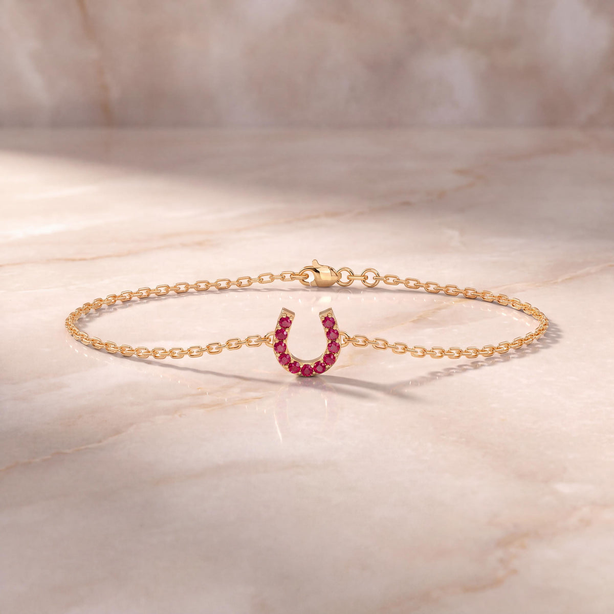Round Ruby Pave 14K Dainty Solid Gold Horseshoe Chain Link Bracelet