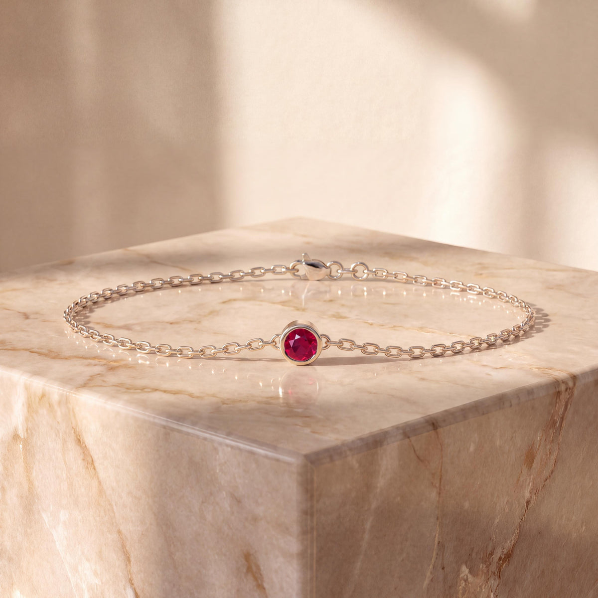 Round Brilliant Cut Ruby Bezel Solitaire Chain Link Bracelet 14K Gold