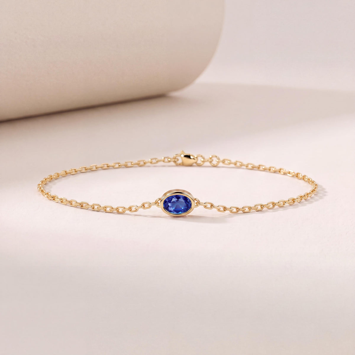 Oval Sapphire Bezel Solitaire Chain Link Bracelet 14K Gold