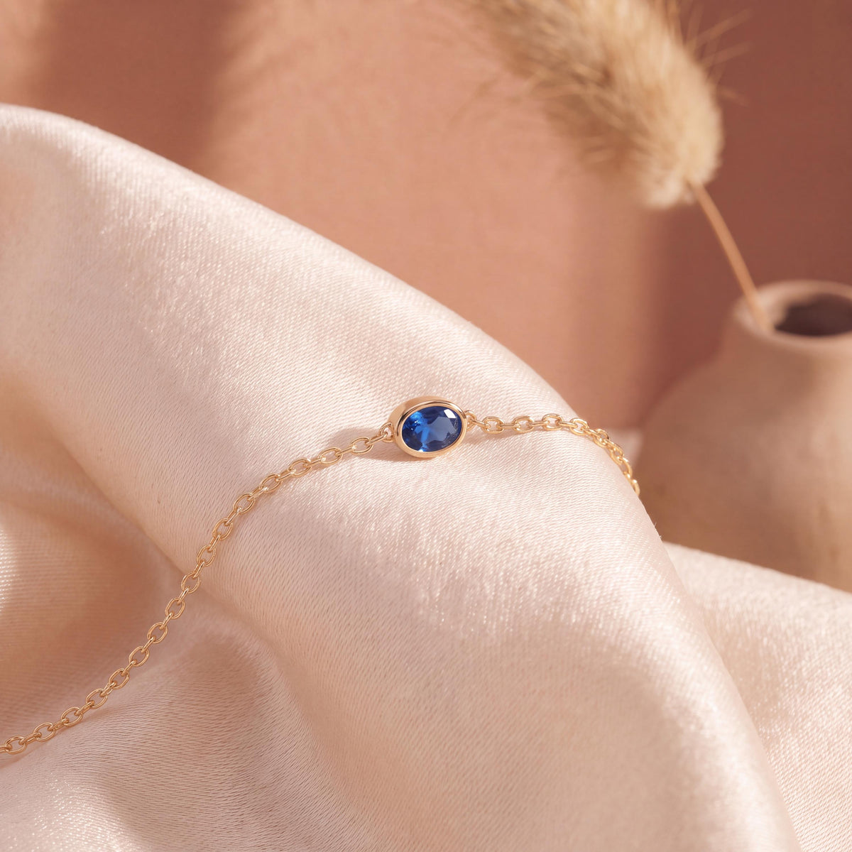 Oval Sapphire Bezel Solitaire Chain Link Bracelet 14K Gold