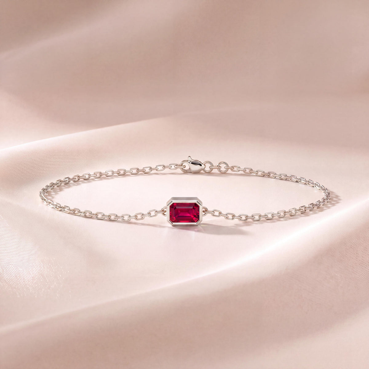 Emerald Cut Ruby Bezel Solitaire Chain Link Bracelet 14K Gold