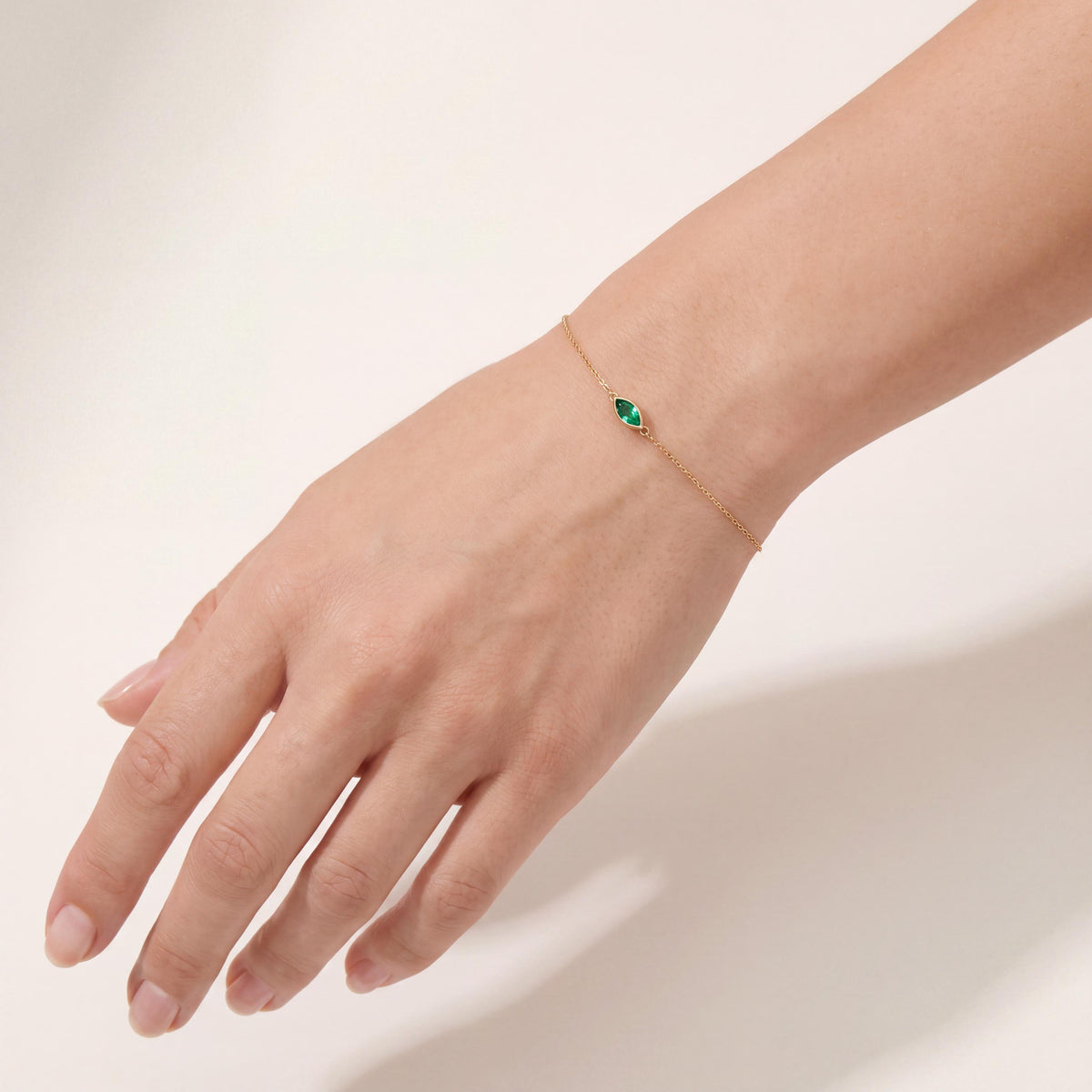 Marquise Shape Emerald Bezel Solitaire Chain Link Bracelet 14K Gold