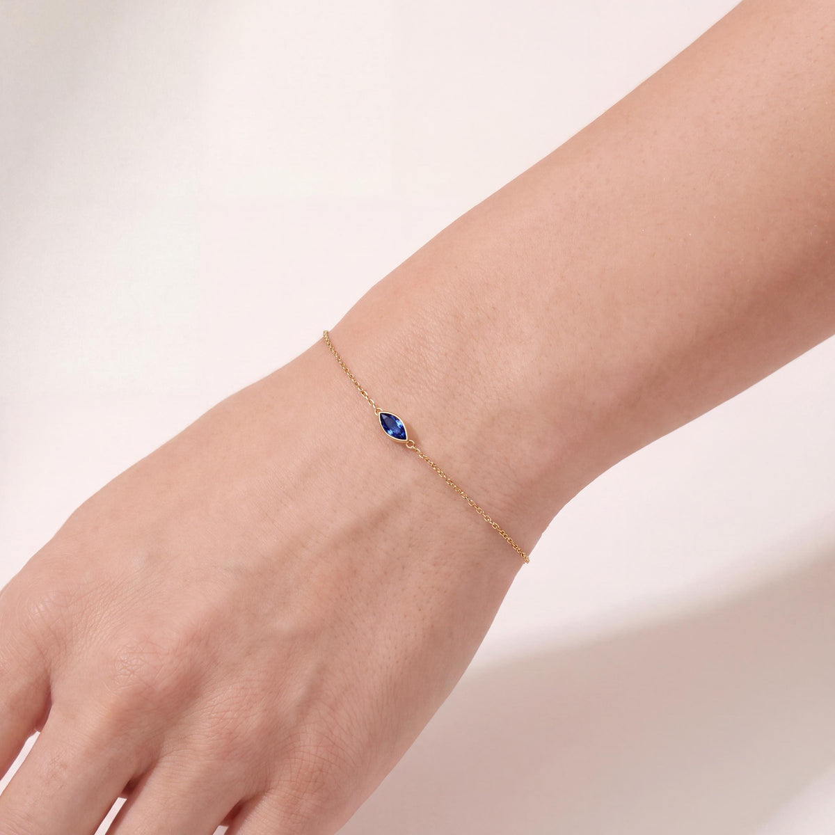 Marquise Shape Sapphire Bezel Solitaire Chain Link Bracelet 14K Gold