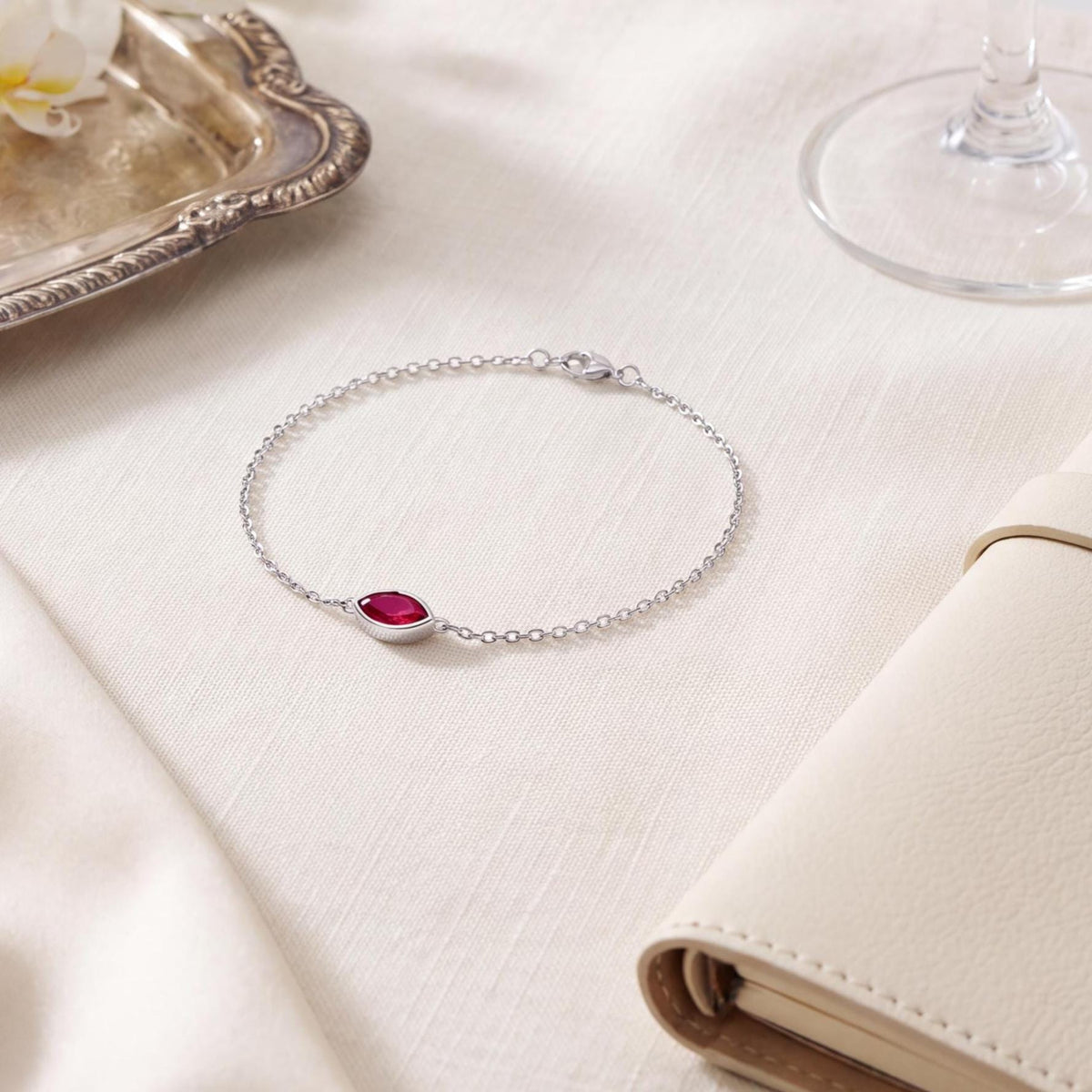 Marquise Shape Ruby Bezel Solitaire Chain Link Bracelet 14K Gold