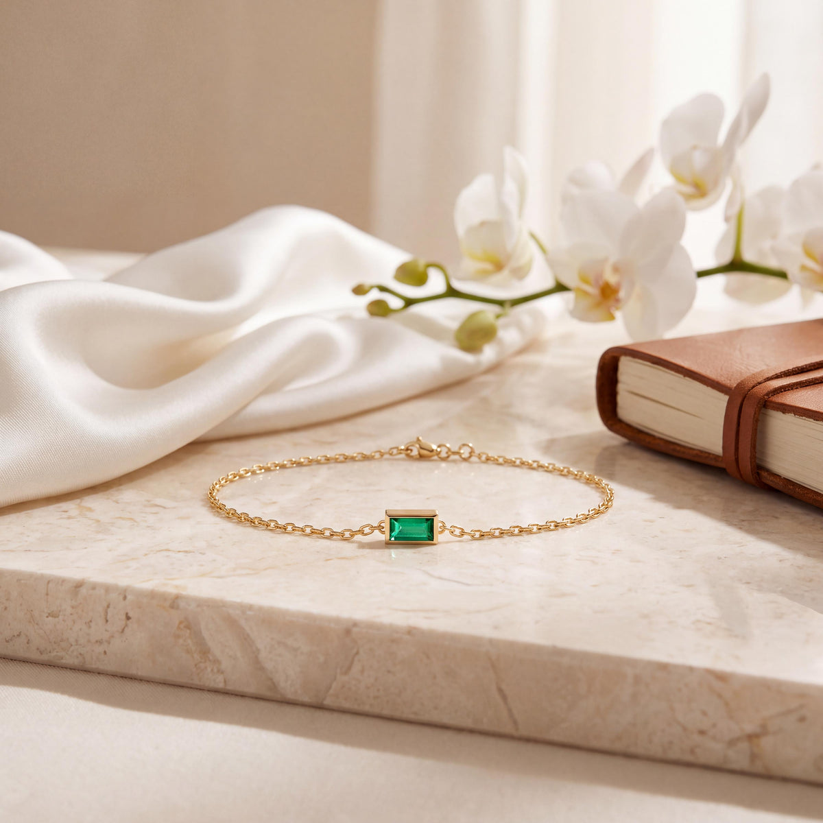 Baguette Cut Emerald Bezel Solitaire Chain Link Bracelet 14K Gold
