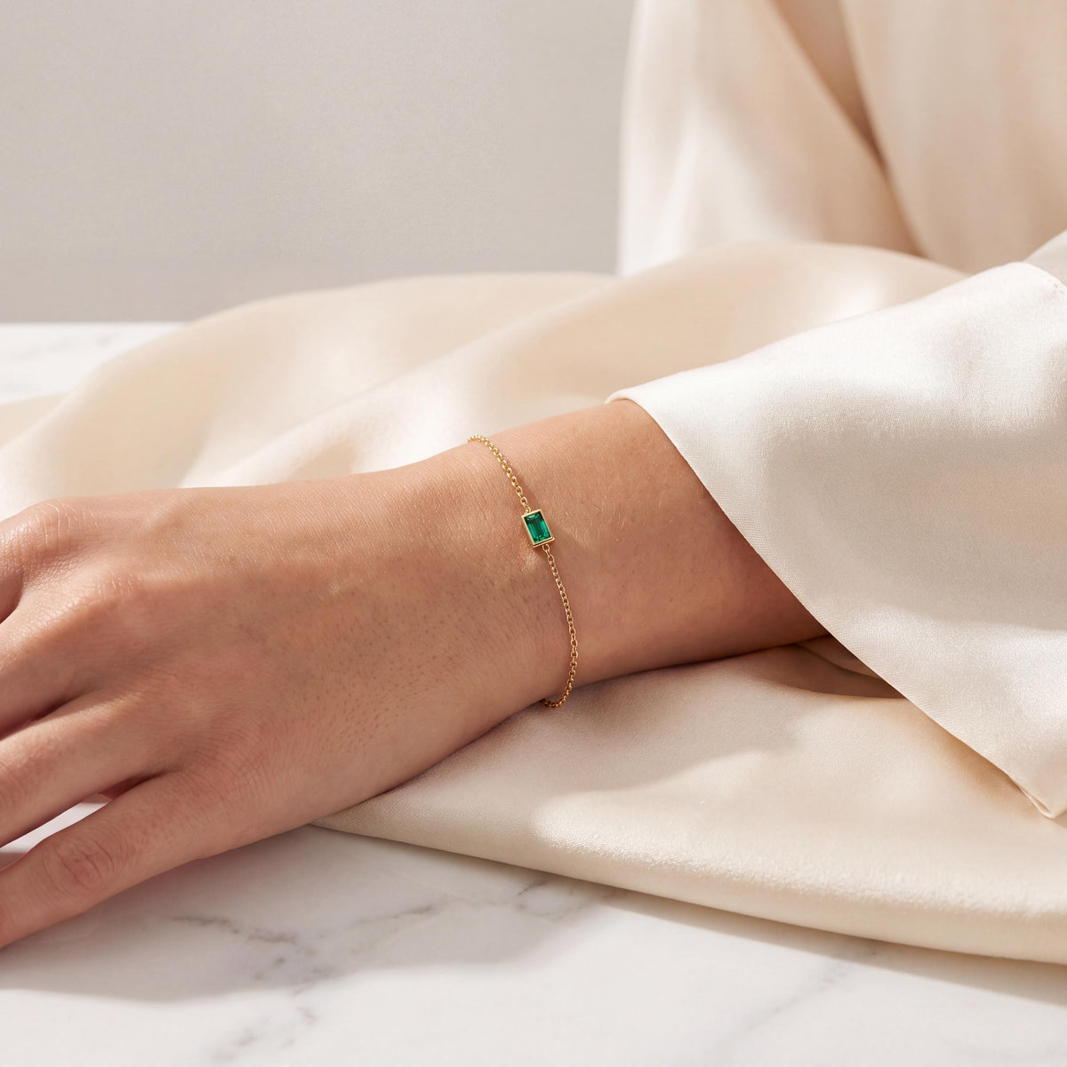 Baguette Cut Emerald Bezel Solitaire Chain Link Bracelet 14K Gold