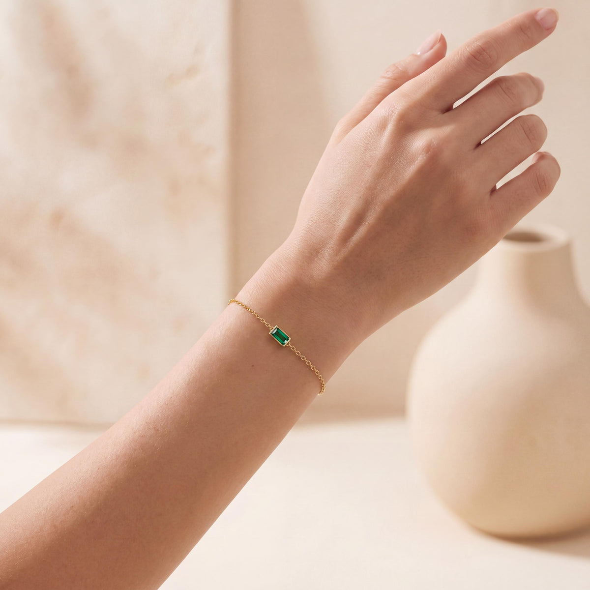 Baguette Cut Emerald Bezel Solitaire Chain Link Bracelet 14K Gold
