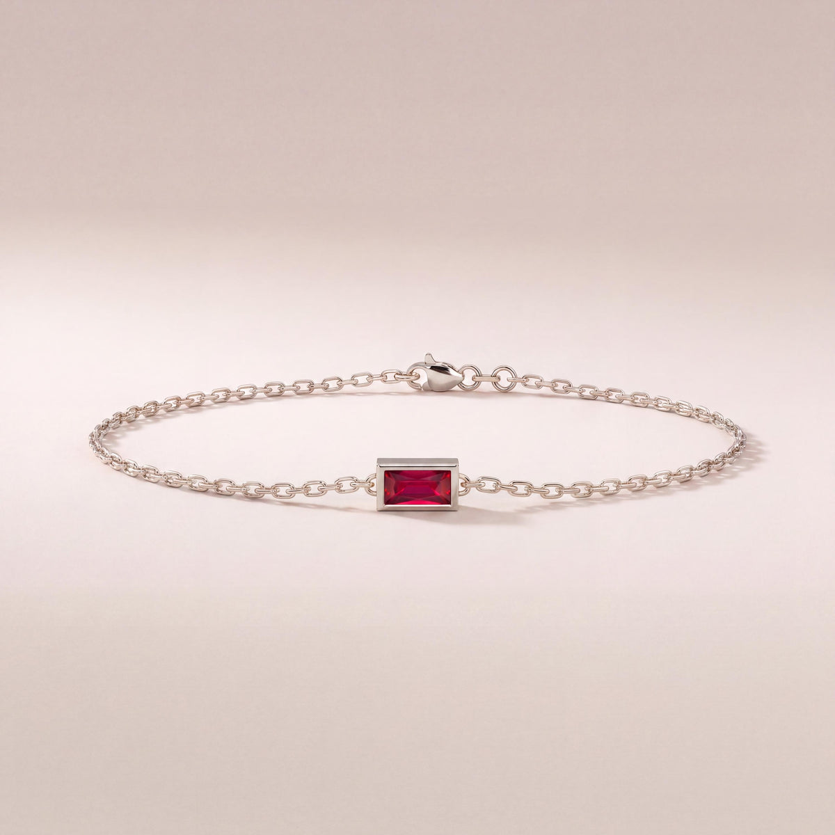 Baguette Cut Ruby Bezel Solitaire Chain Link Bracelet 14K Gold