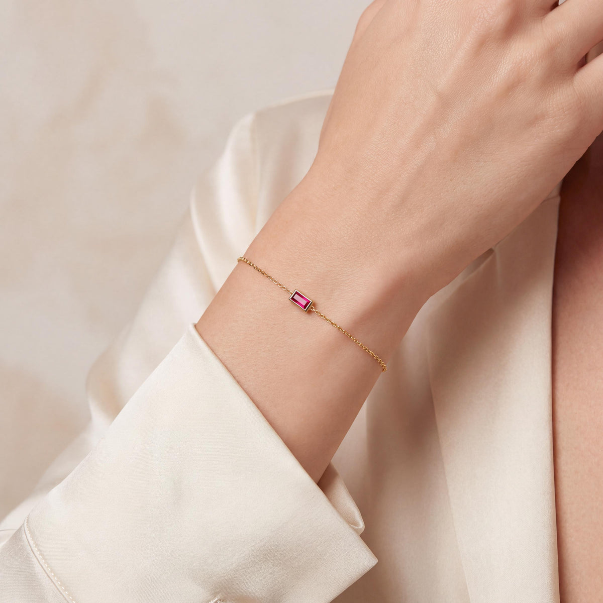 Baguette Cut Ruby Bezel Solitaire Chain Link Bracelet 14K Gold