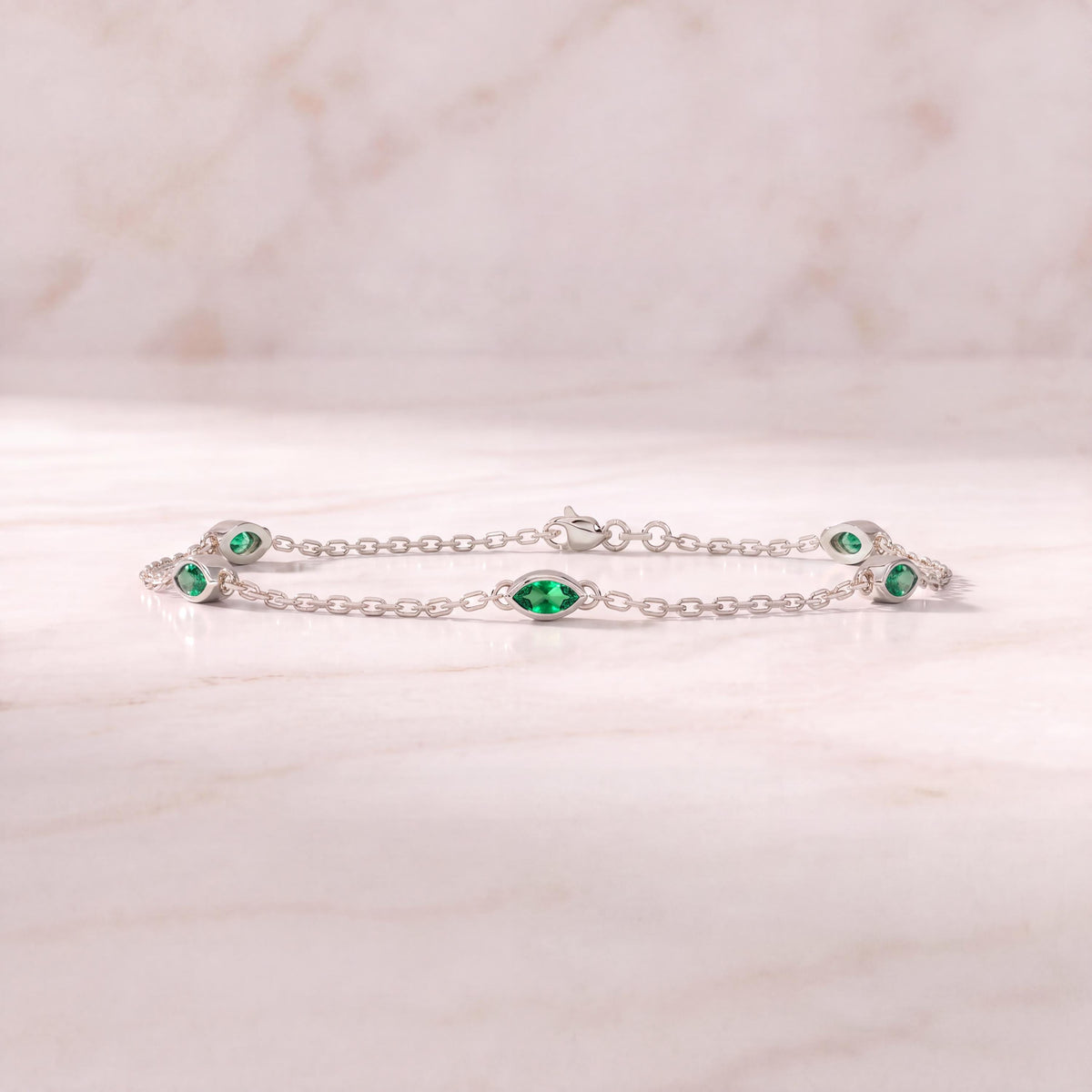 Marquise Emerald By The Yard Bezel Set 14K Solid Gold Chain Link Bracelet