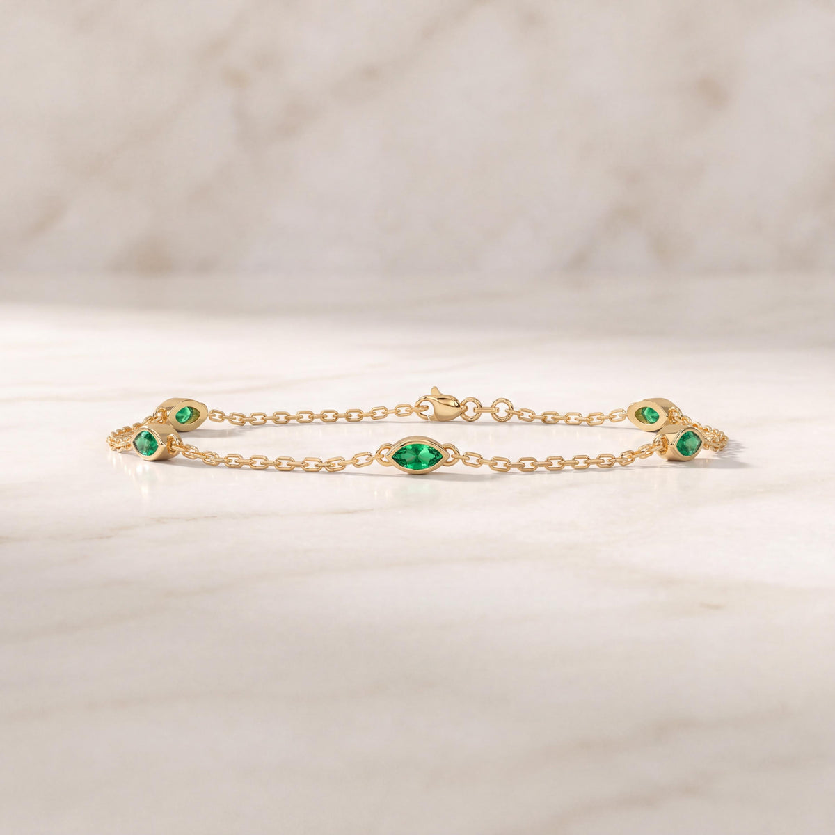 Marquise Emerald By The Yard Bezel Set 14K Solid Gold Chain Link Bracelet