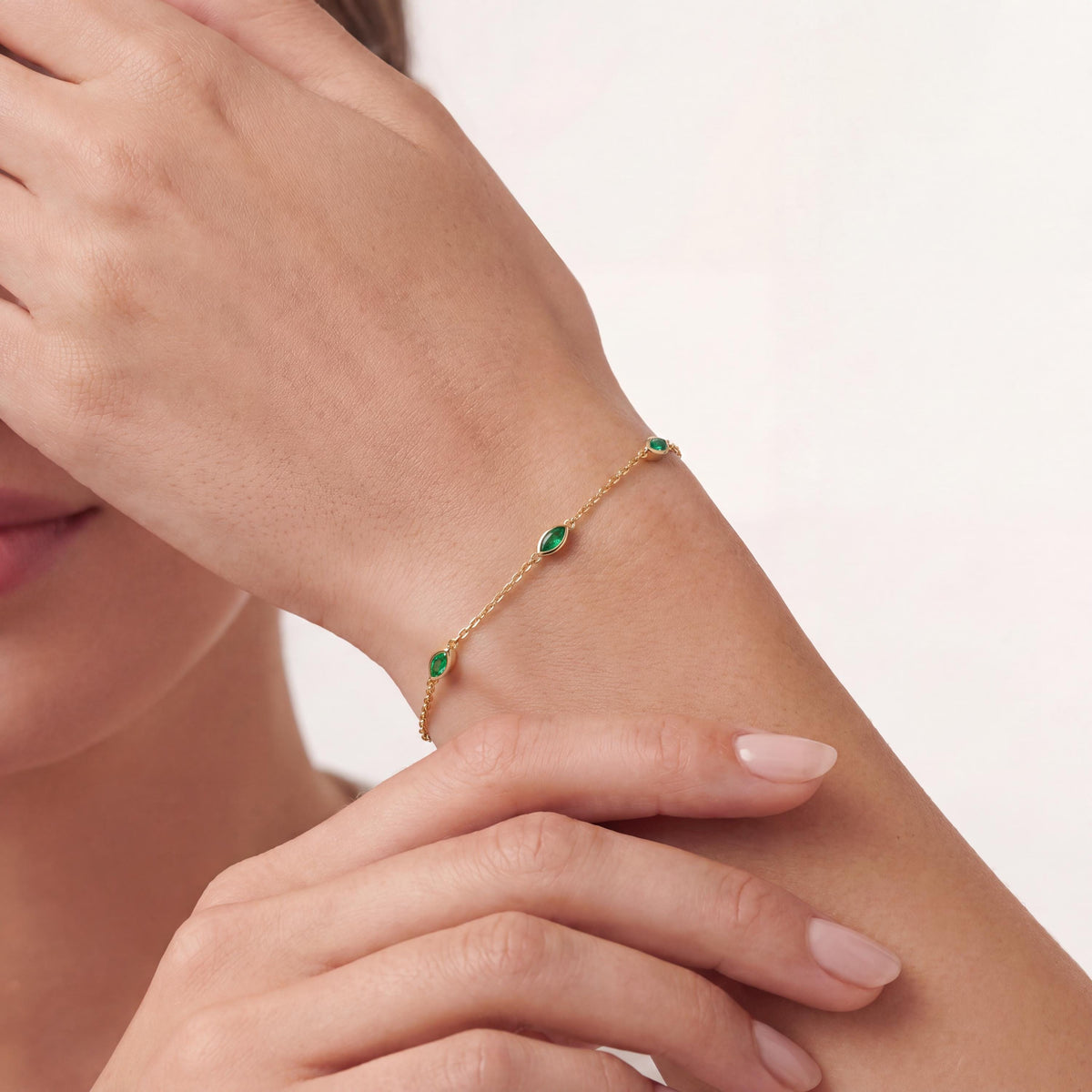 Marquise Emerald By The Yard Bezel Set 14K Solid Gold Chain Link Bracelet