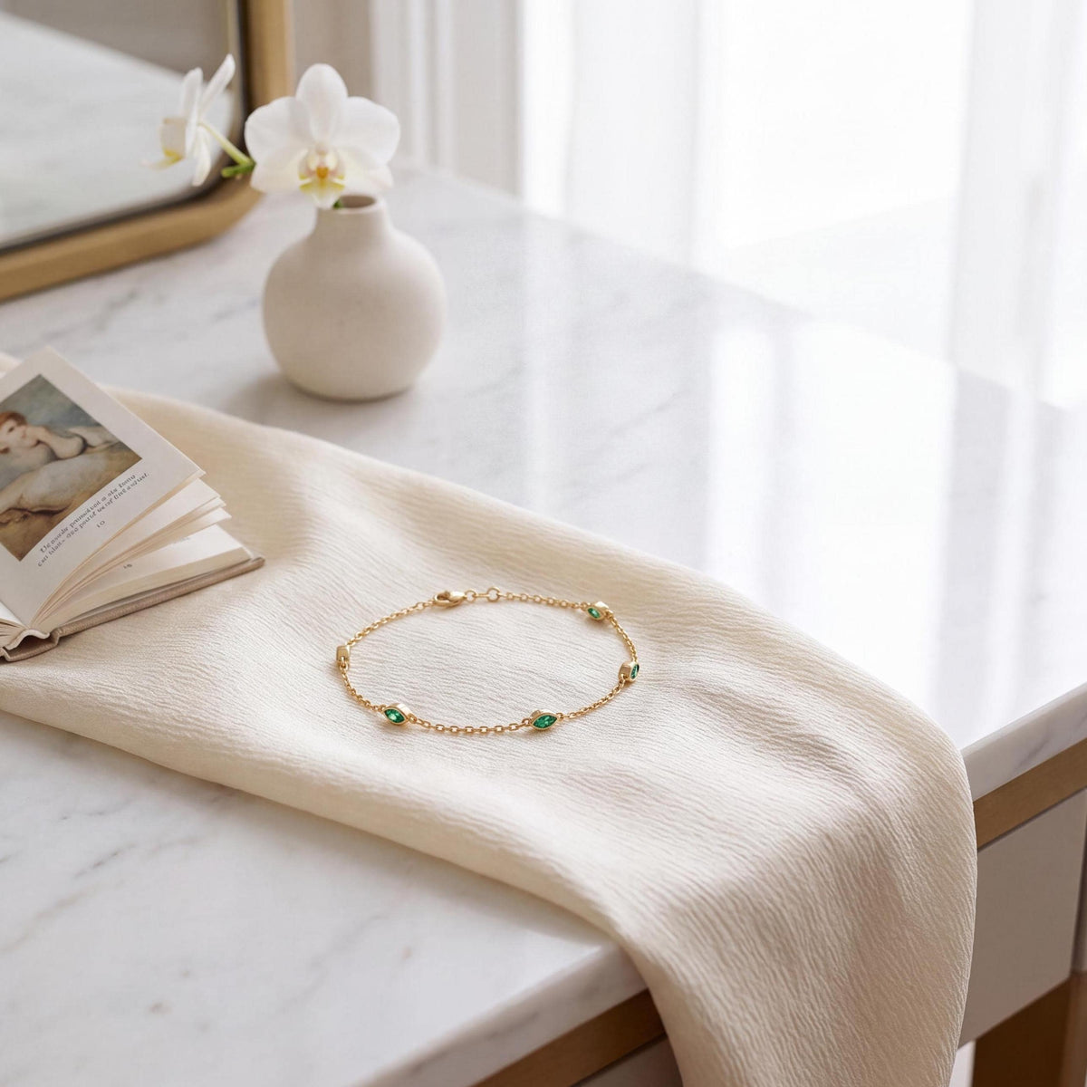 Marquise Emerald By The Yard Bezel Set 14K Solid Gold Chain Link Bracelet