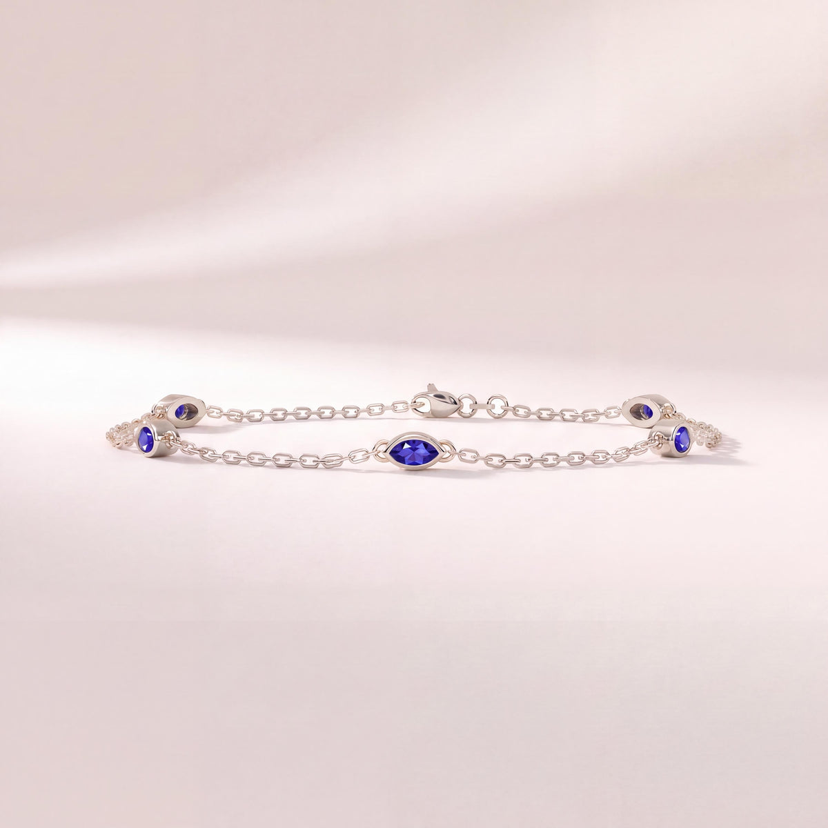 Marquise Sapphire By The Yard Bezel Set 14K Solid Gold Chain Link Bracelet