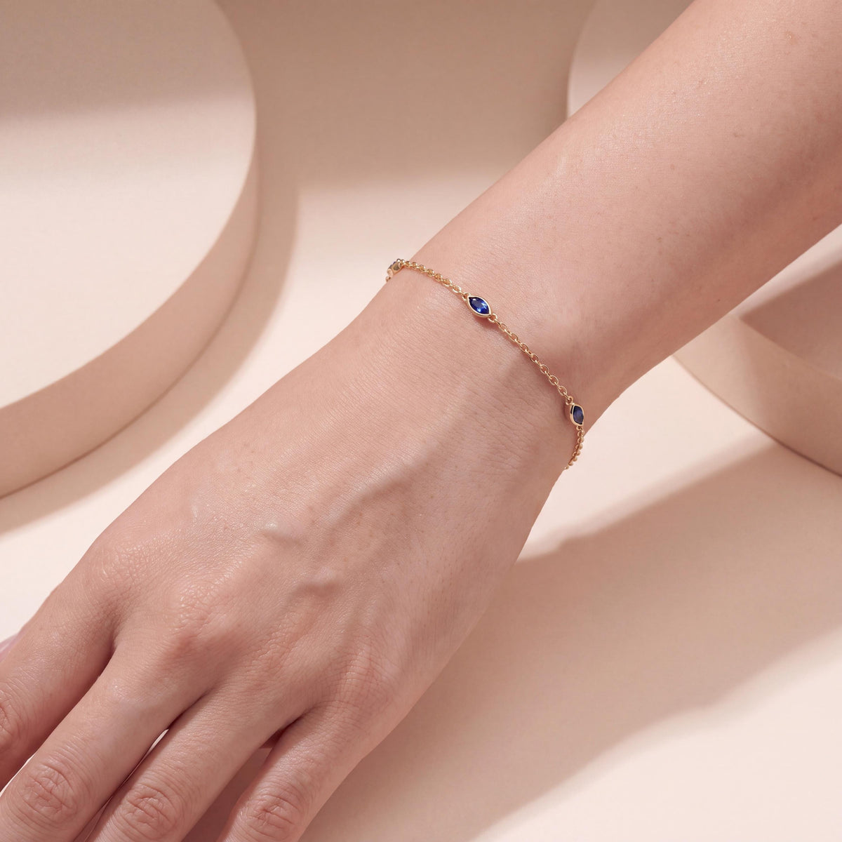 Marquise Sapphire By The Yard Bezel Set 14K Solid Gold Chain Link Bracelet