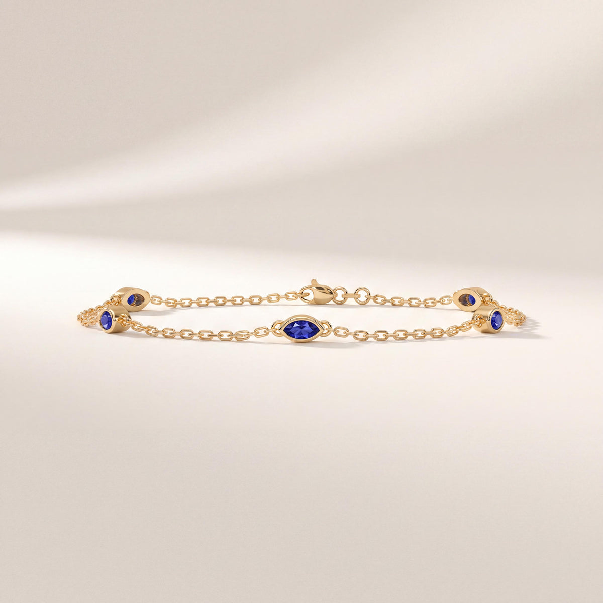 Marquise Sapphire By The Yard Bezel Set 14K Solid Gold Chain Link Bracelet