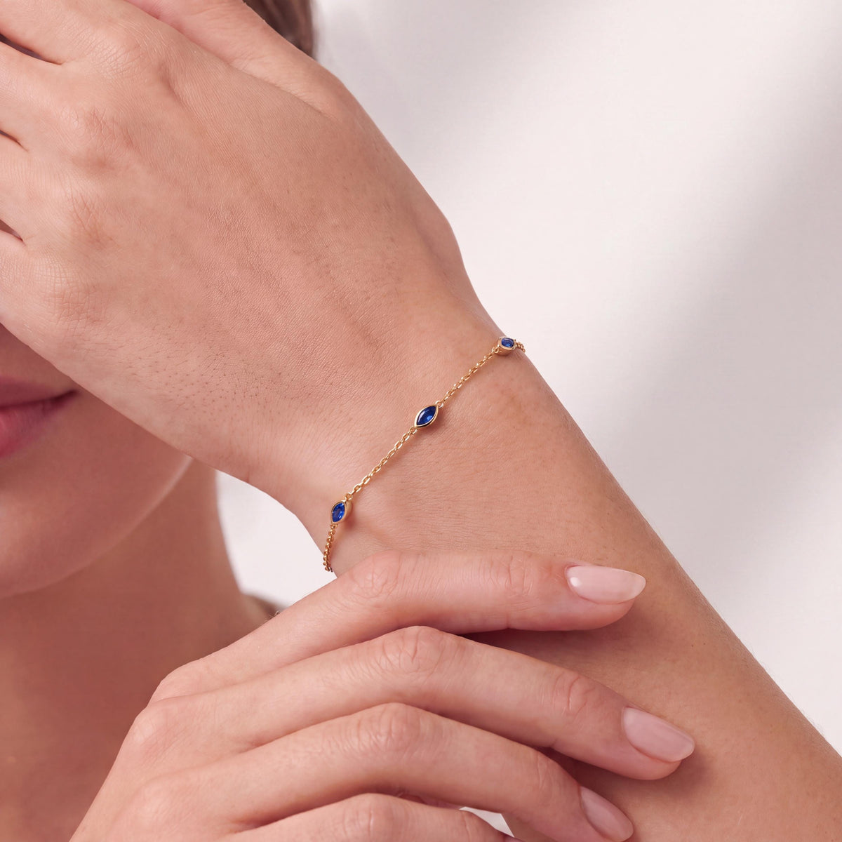 Marquise Sapphire By The Yard Bezel Set 14K Solid Gold Chain Link Bracelet