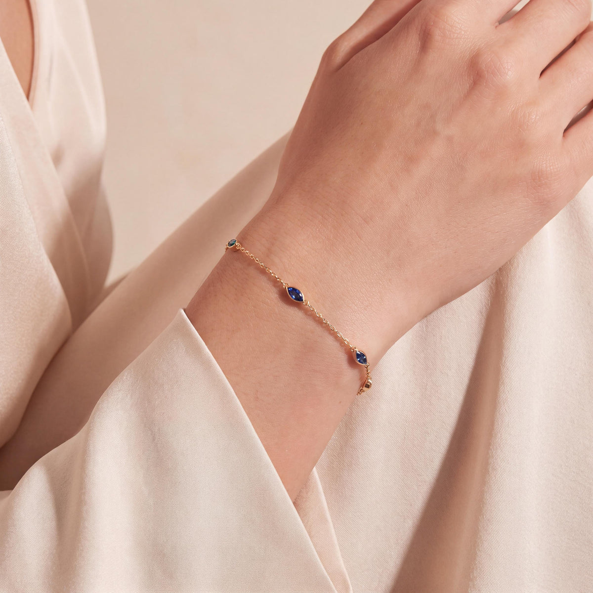 Marquise Sapphire By The Yard Bezel Set 14K Solid Gold Chain Link Bracelet
