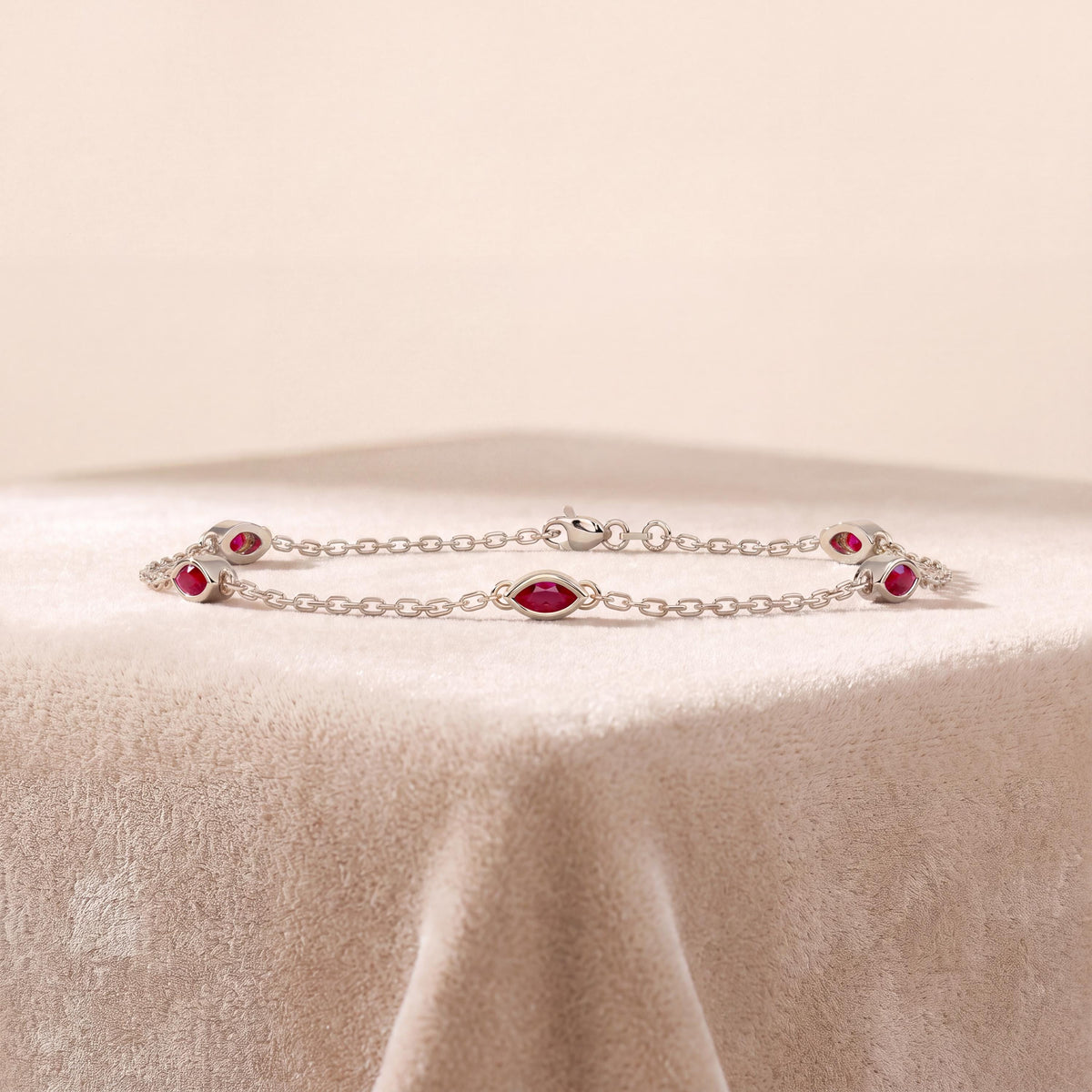 Marquise Ruby By The Yard Bezel Set 14K Solid Gold Chain Link Bracelet
