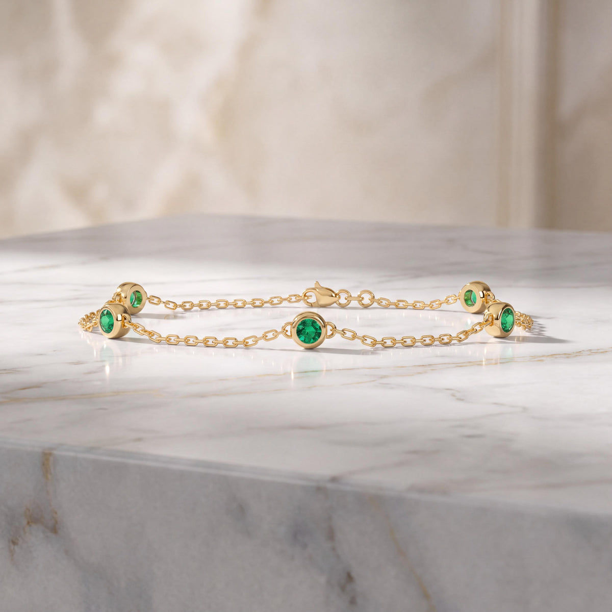 Round Emerald By The Yard Bezel Set 14K Solid Gold Chain Link Bracelet