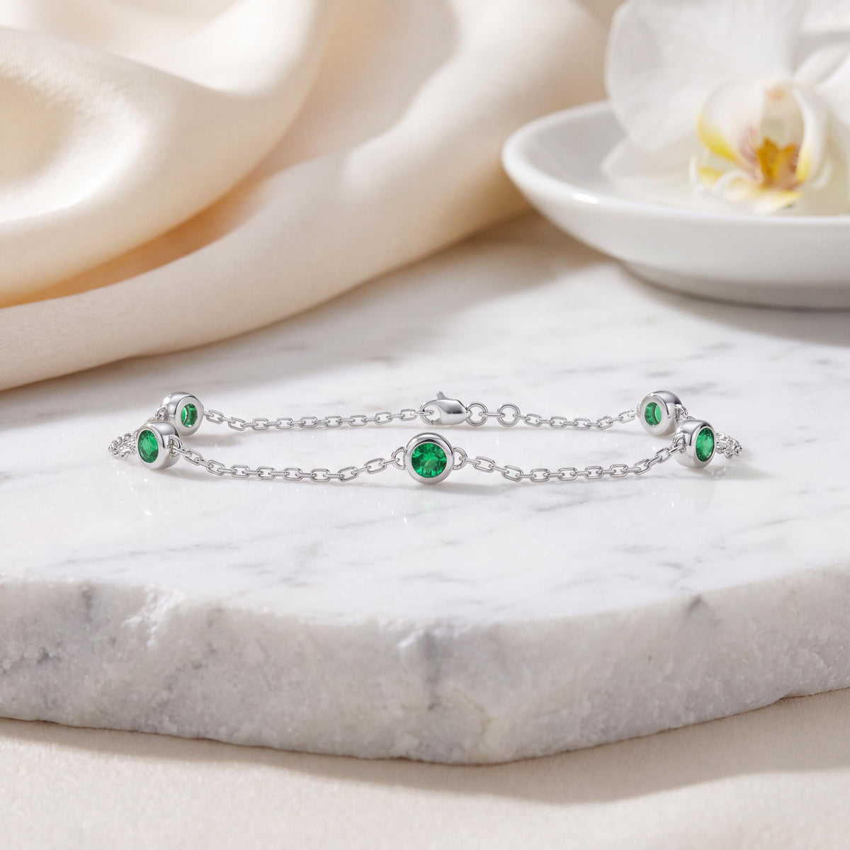 Round Emerald By The Yard Bezel Set 14K Solid Gold Chain Link Bracelet