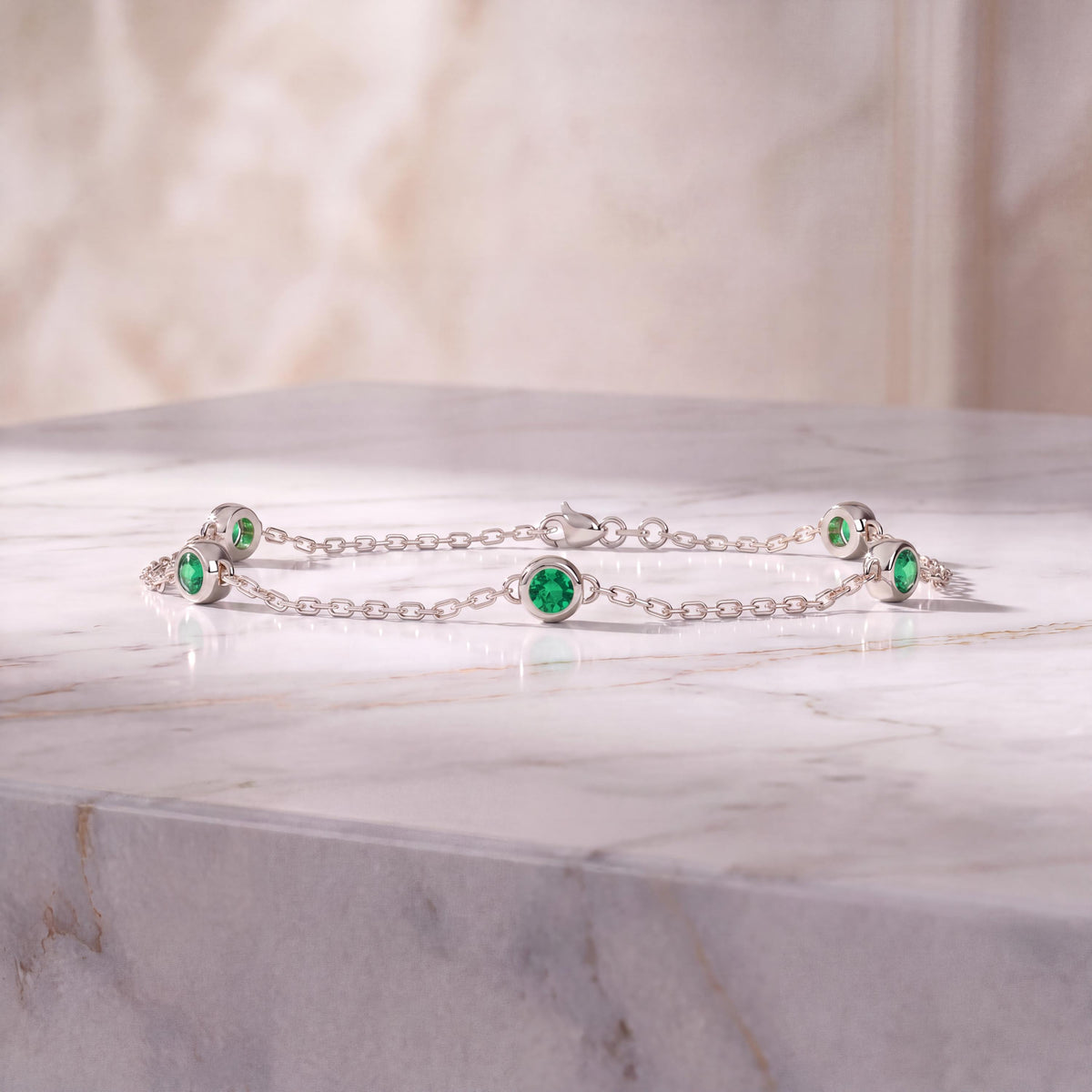 Round Emerald By The Yard Bezel Set 14K Solid Gold Chain Link Bracelet