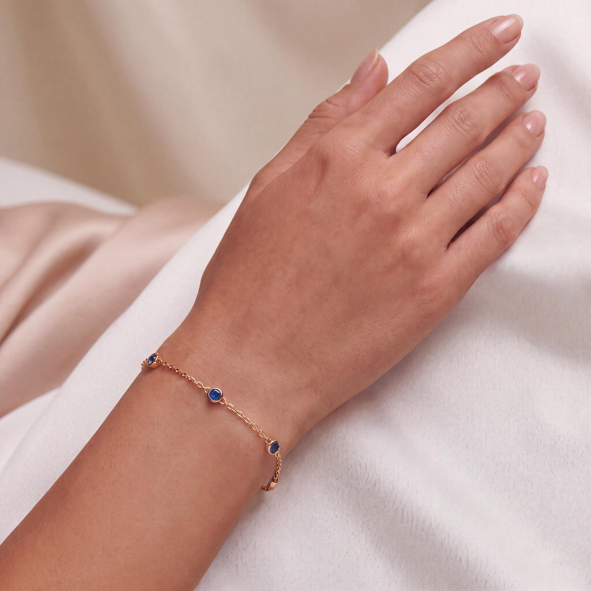 Round Sapphire By The Yard Bezel Set 14K Solid Gold Chain Link Bracelet