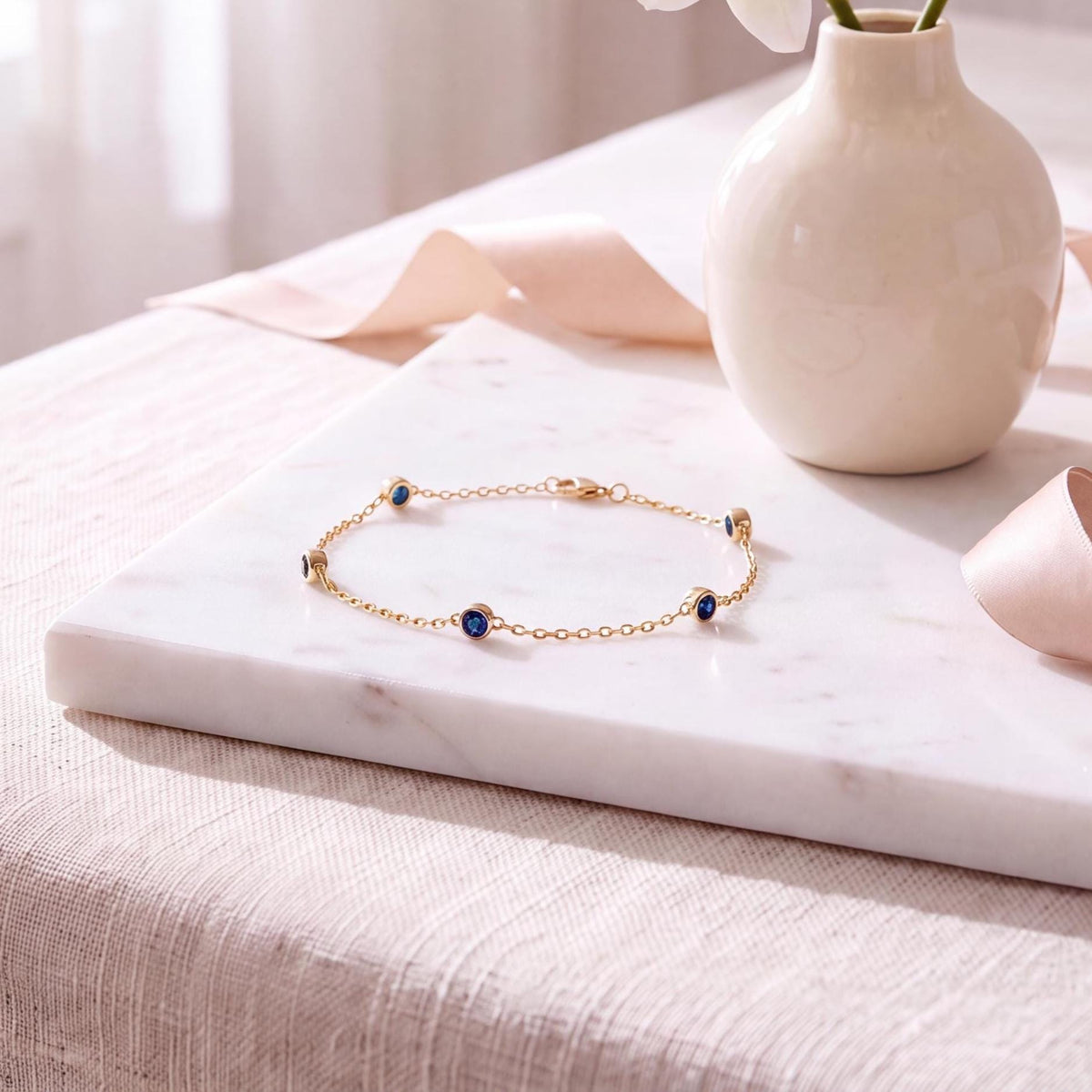 Round Sapphire By The Yard Bezel Set 14K Solid Gold Chain Link Bracelet