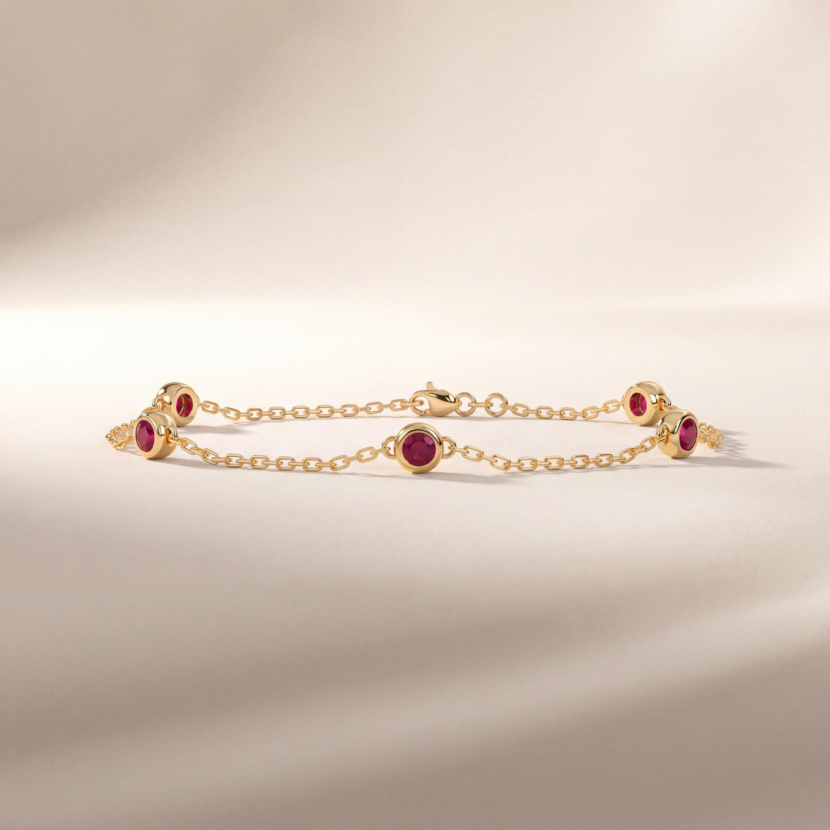 Round Ruby By The Yard Bezel Set 14K Solid Gold Chain Link Bracelet
