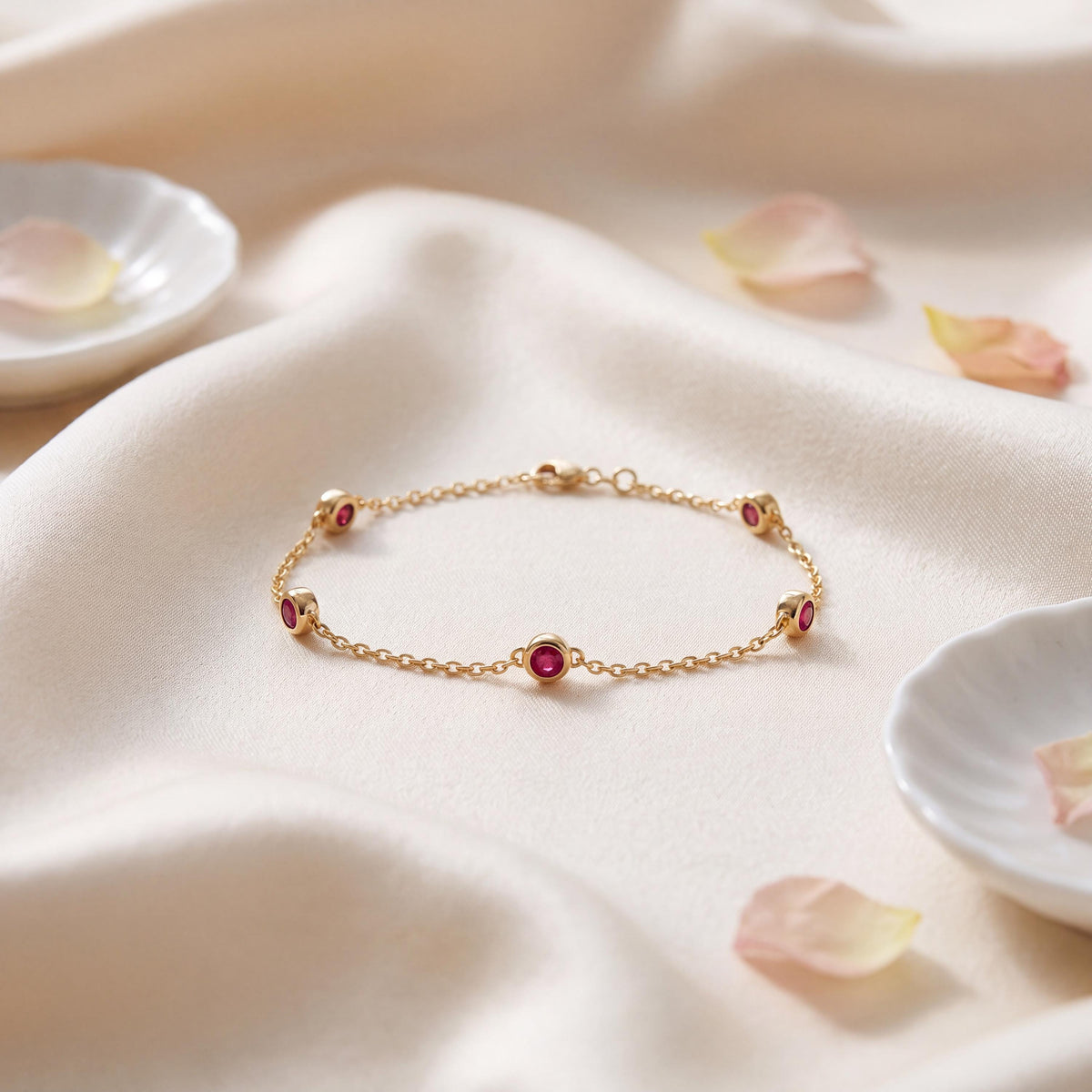 Round Ruby By The Yard Bezel Set 14K Solid Gold Chain Link Bracelet