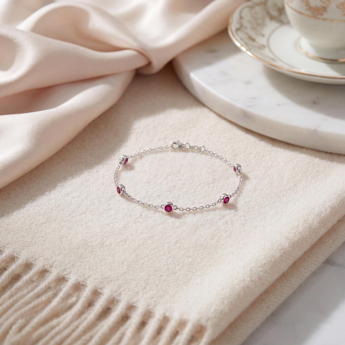 Round Ruby By The Yard Bezel Set 14K Solid Gold Chain Link Bracelet